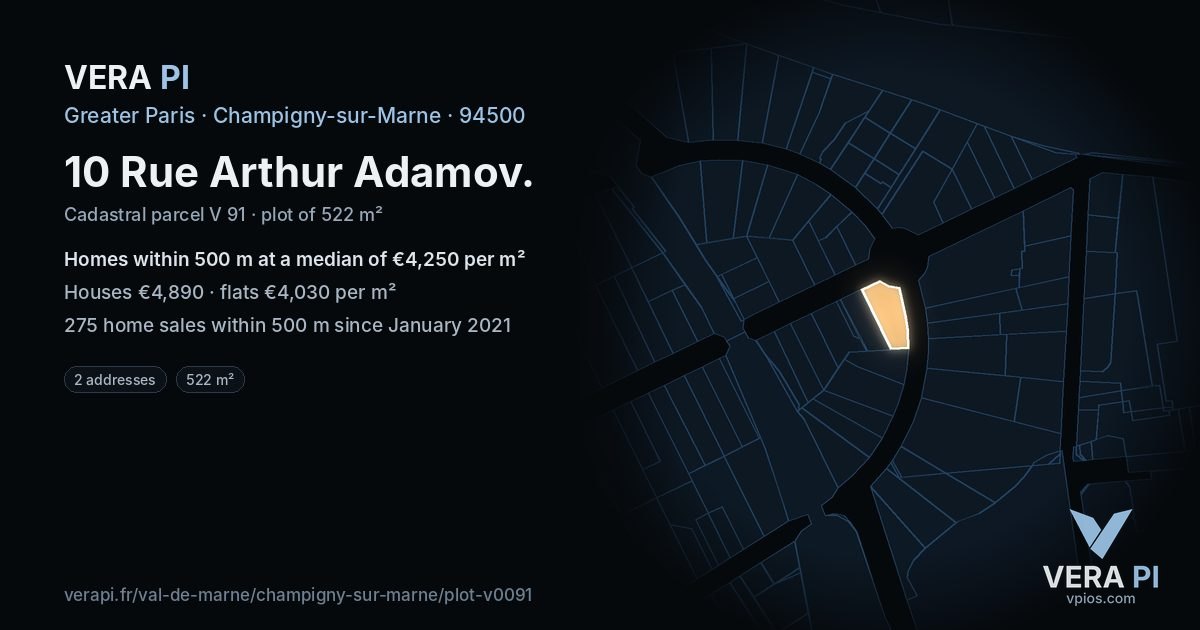 10 Rue Arthur Adamov, Champigny-sur-Marne at night – the plot lit, the parcels around coloured by the prices near them