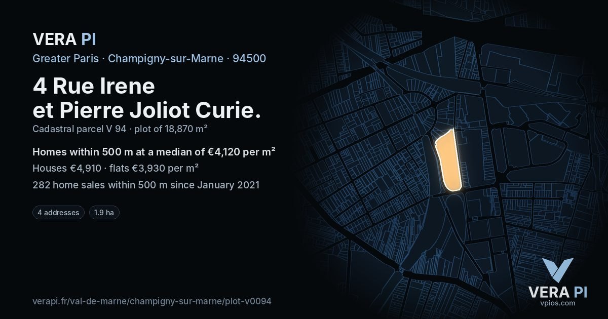4 Rue Irene et Pierre Joliot Curie, Champigny-sur-Marne at night – the plot lit, the parcels around coloured by the prices near them