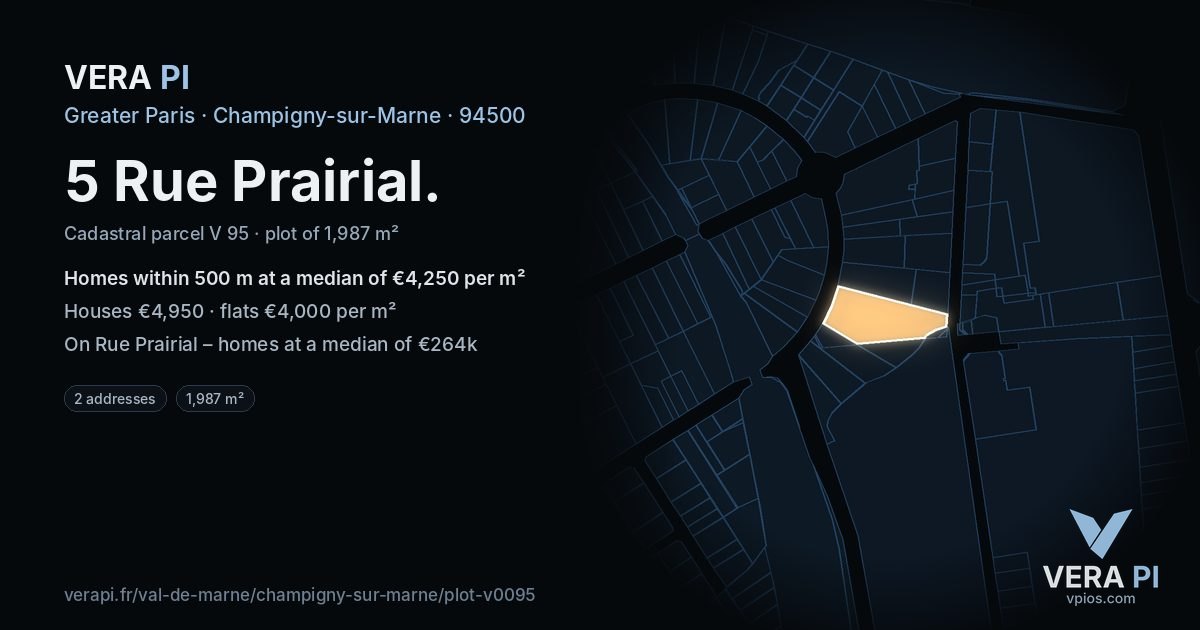 5 Rue Prairial, Champigny-sur-Marne at night – the plot lit, the parcels around coloured by the prices near them