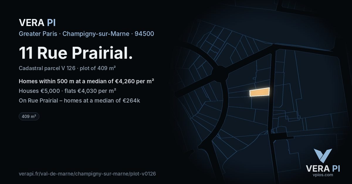 11 Rue Prairial, Champigny-sur-Marne at night – the plot lit, the parcels around coloured by the prices near them