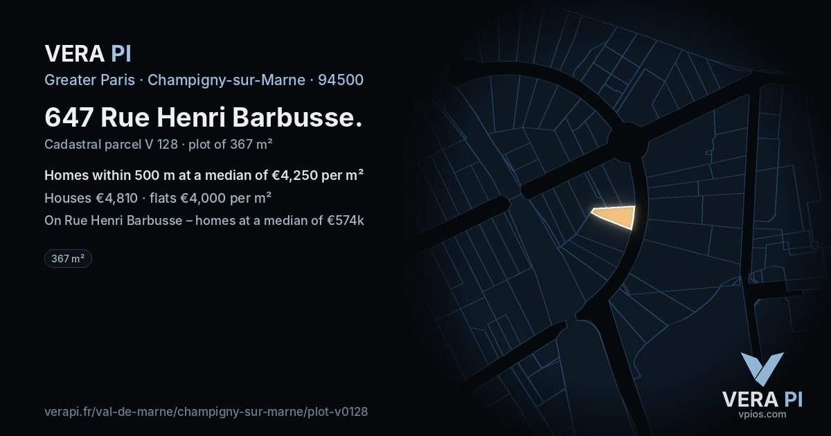 647 Rue Henri Barbusse, Champigny-sur-Marne at night – the plot lit, the parcels around coloured by the prices near them