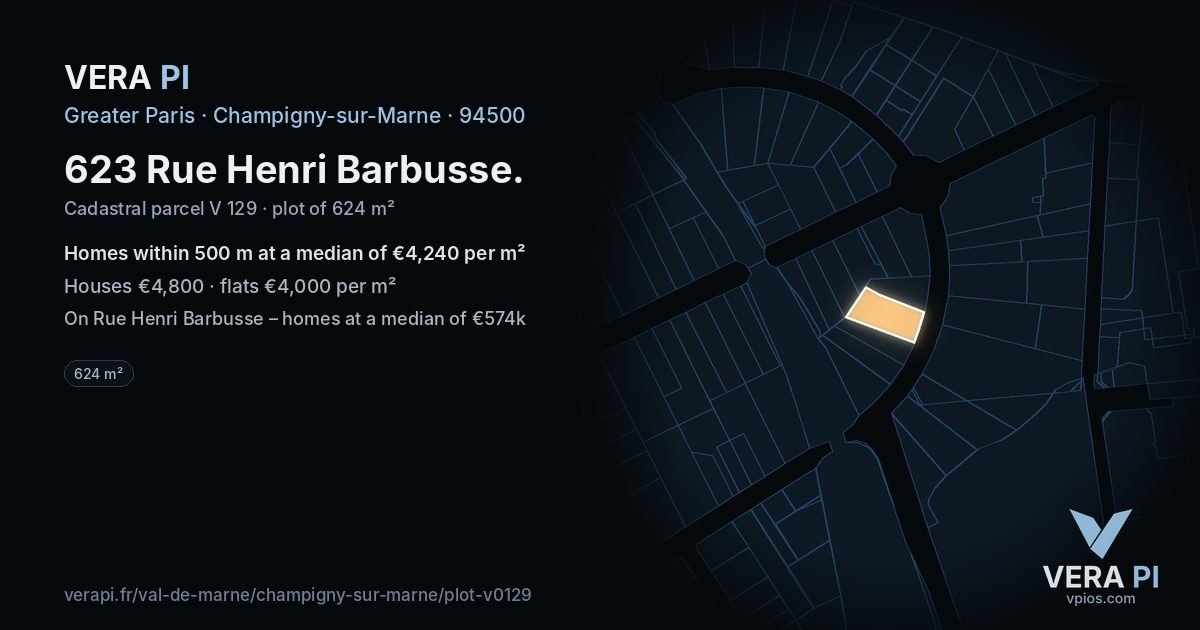 623 Rue Henri Barbusse, Champigny-sur-Marne at night – the plot lit, the parcels around coloured by the prices near them