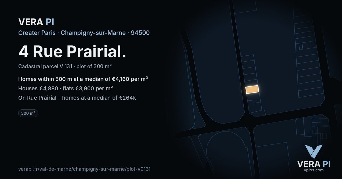 4 Rue Prairial, Champigny-sur-Marne at night – the plot lit, the parcels around coloured by the prices near them