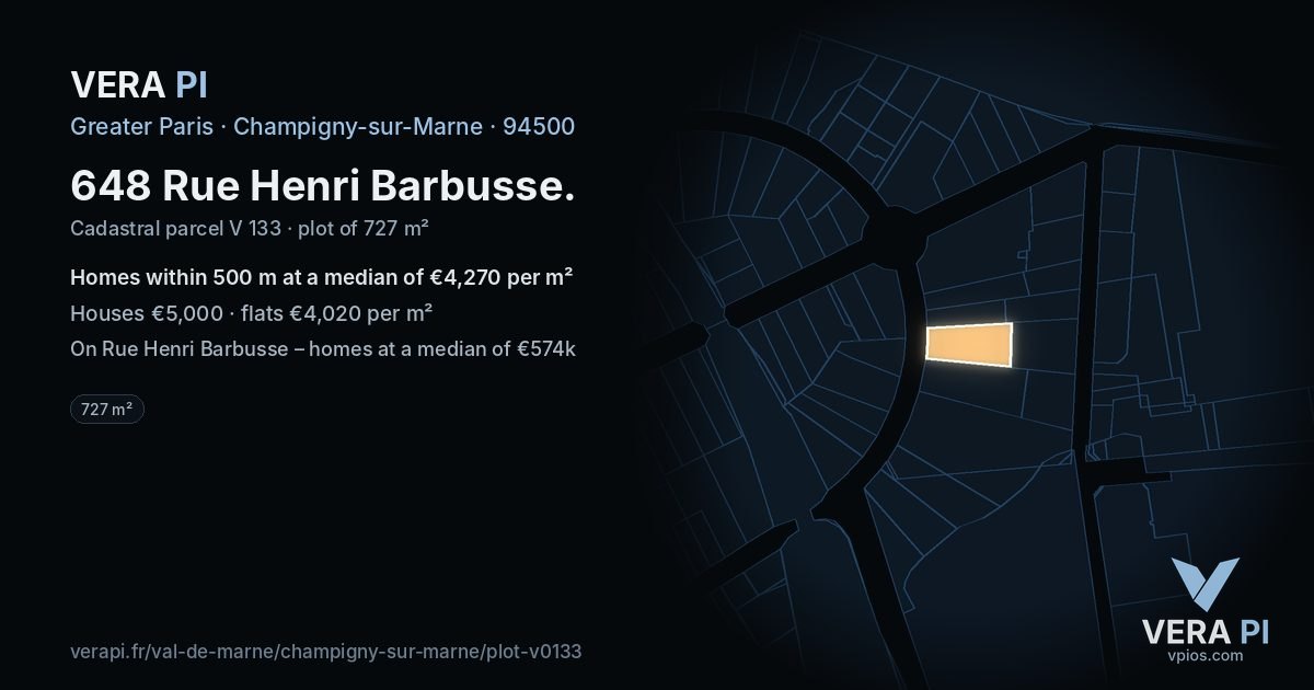 648 Rue Henri Barbusse, Champigny-sur-Marne at night – the plot lit, the parcels around coloured by the prices near them