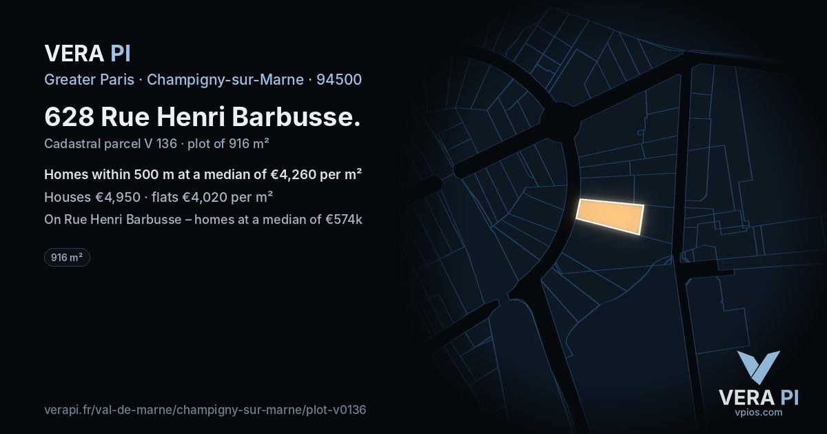 628 Rue Henri Barbusse, Champigny-sur-Marne at night – the plot lit, the parcels around coloured by the prices near them