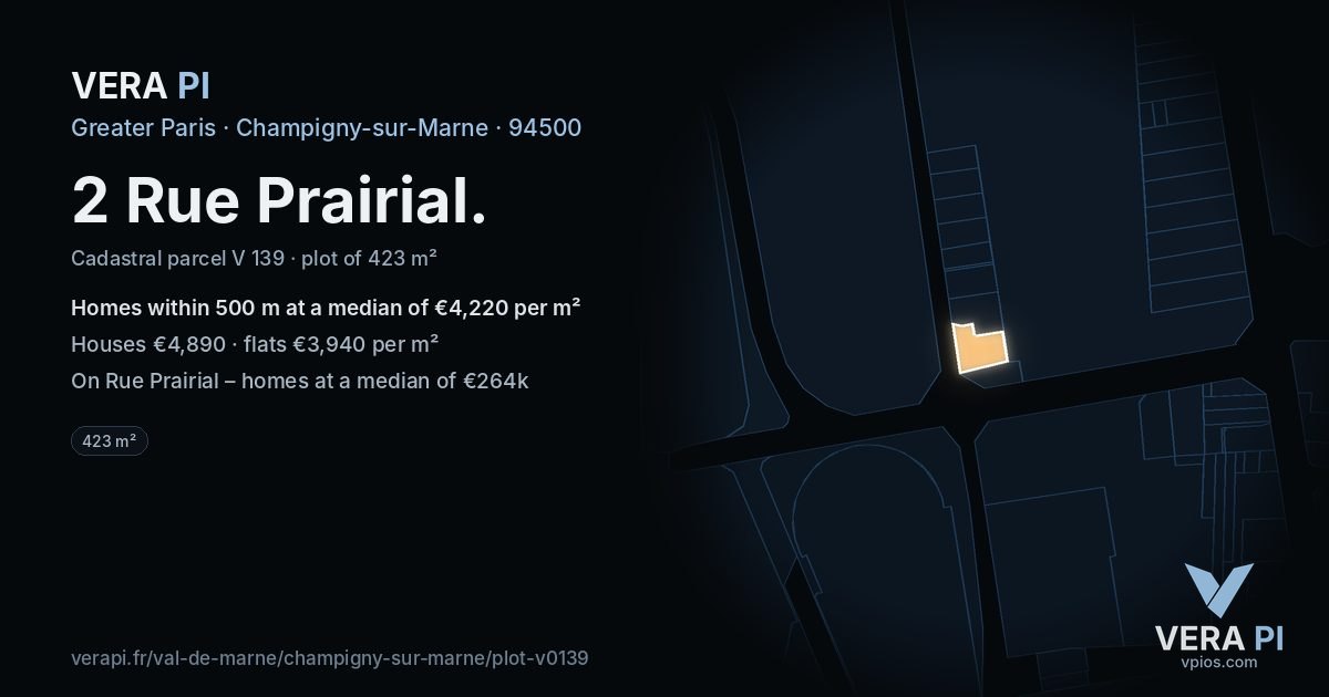 2 Rue Prairial, Champigny-sur-Marne at night – the plot lit, the parcels around coloured by the prices near them