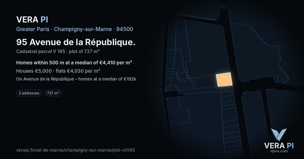 95 Avenue de la République, Champigny-sur-Marne at night – the plot lit, the parcels around coloured by the prices near them