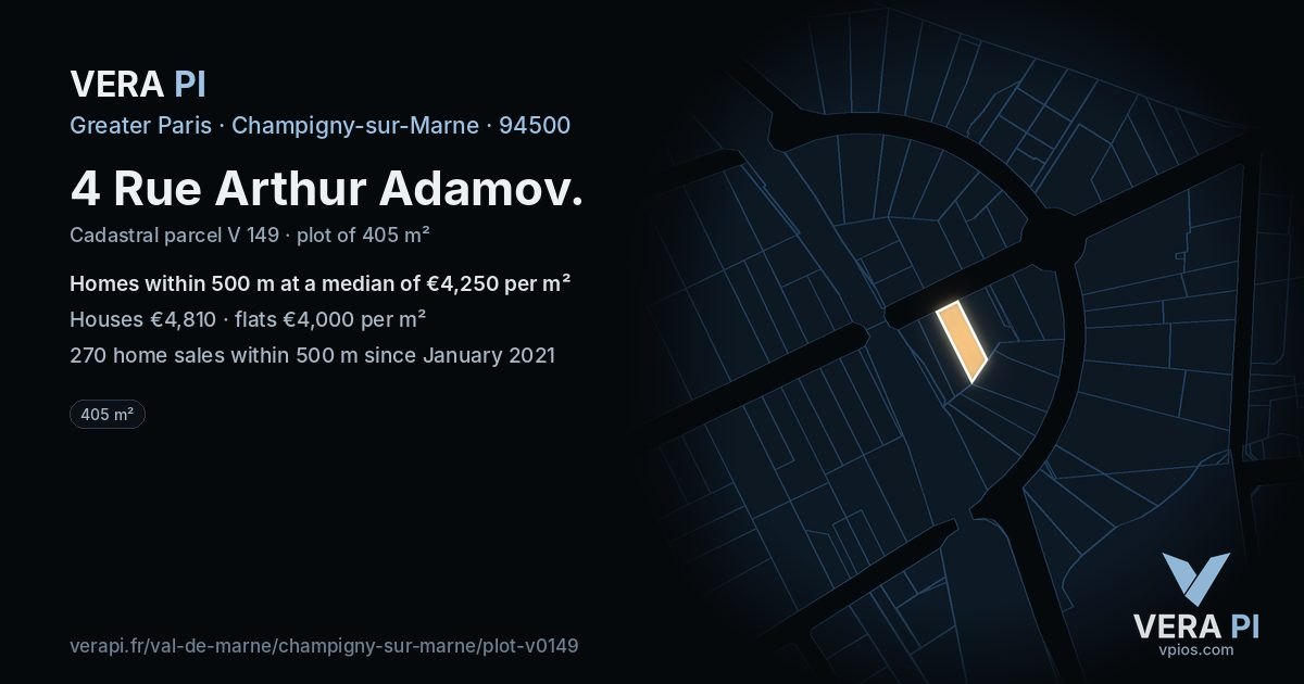 4 Rue Arthur Adamov, Champigny-sur-Marne at night – the plot lit, the parcels around coloured by the prices near them