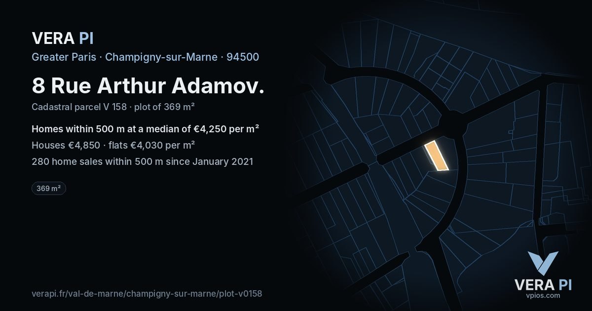 8 Rue Arthur Adamov, Champigny-sur-Marne at night – the plot lit, the parcels around coloured by the prices near them