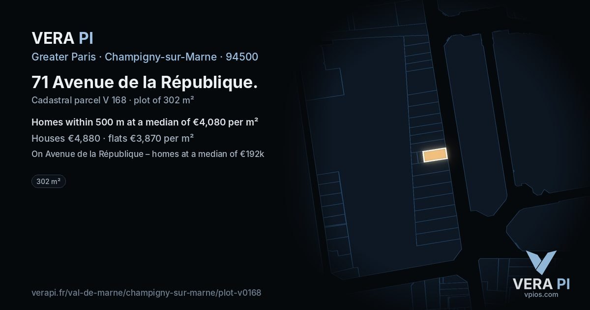 71 Avenue de la République, Champigny-sur-Marne at night – the plot lit, the parcels around coloured by the prices near them