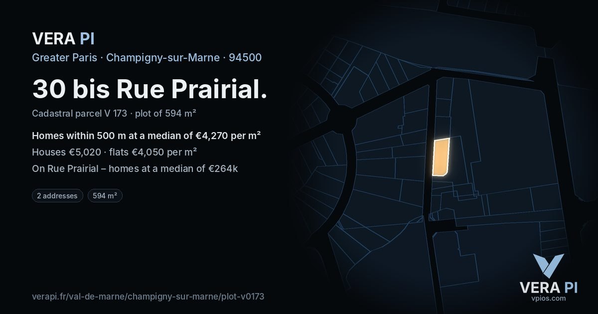 30 bis Rue Prairial, Champigny-sur-Marne at night – the plot lit, the parcels around coloured by the prices near them