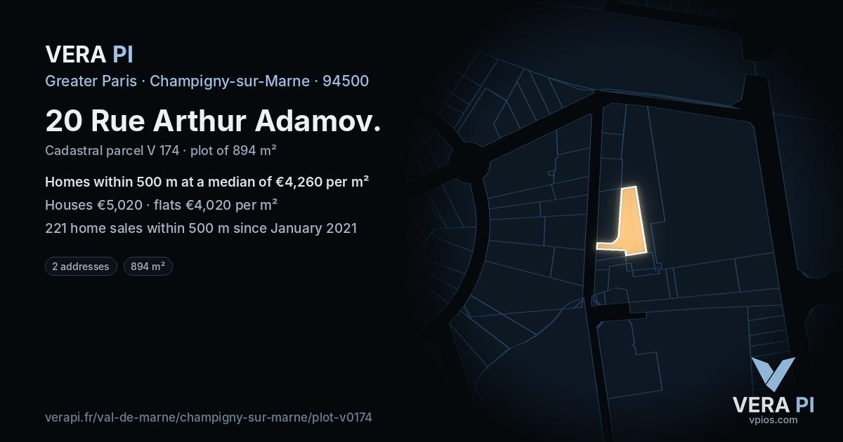 20 Rue Arthur Adamov, Champigny-sur-Marne at night – the plot lit, the parcels around coloured by the prices near them