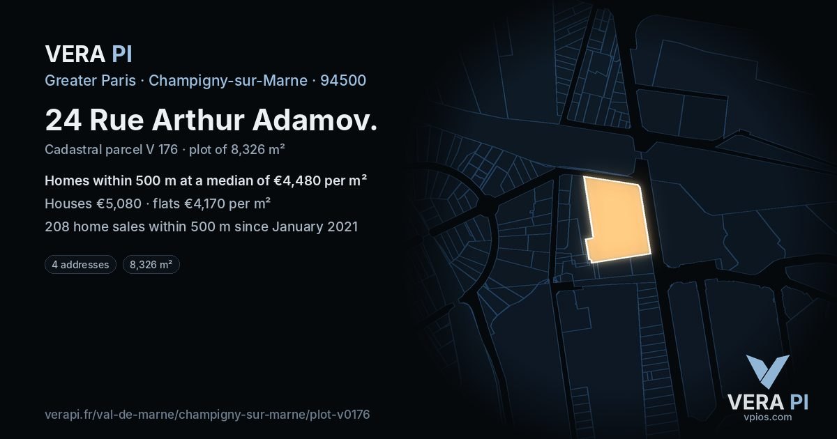 24 Rue Arthur Adamov, Champigny-sur-Marne at night – the plot lit, the parcels around coloured by the prices near them