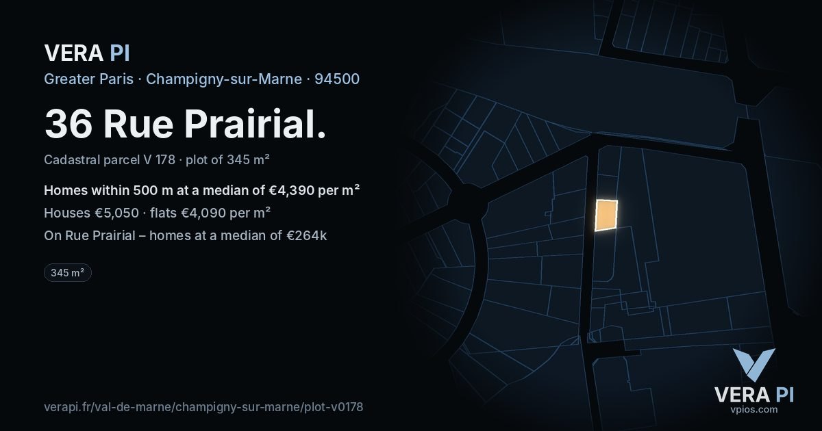 36 Rue Prairial, Champigny-sur-Marne at night – the plot lit, the parcels around coloured by the prices near them