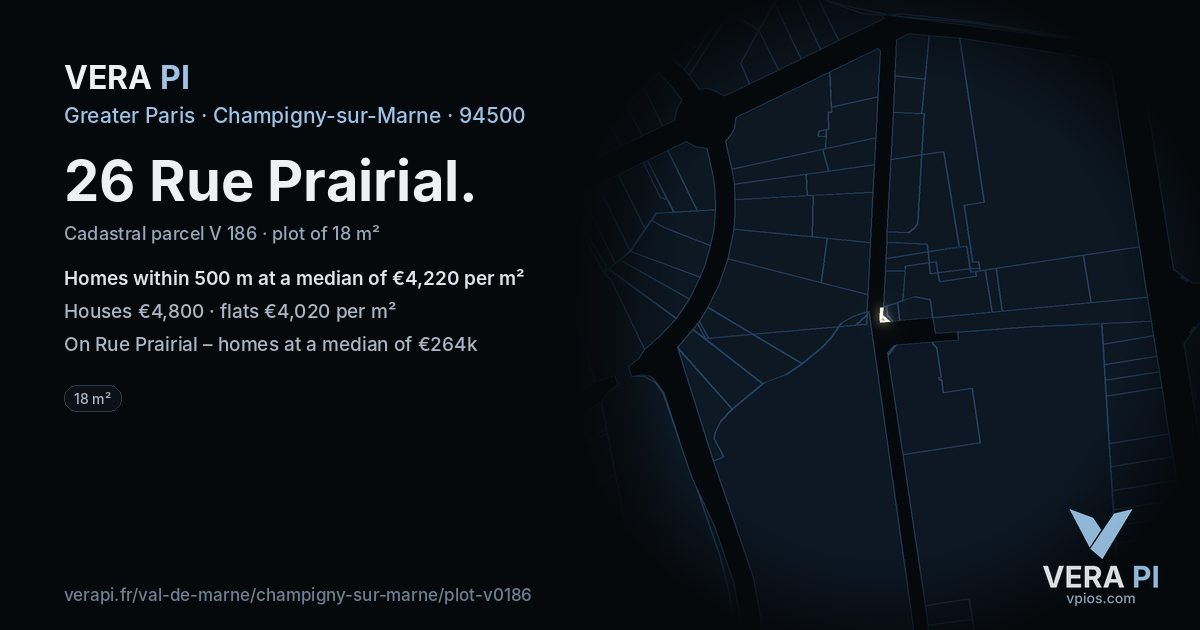 26 Rue Prairial, Champigny-sur-Marne at night – the plot lit, the parcels around coloured by the prices near them