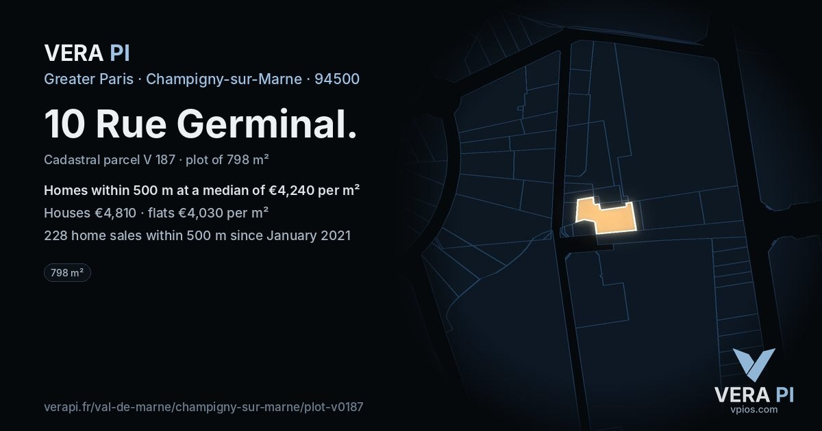 10 Rue Germinal, Champigny-sur-Marne at night – the plot lit, the parcels around coloured by the prices near them