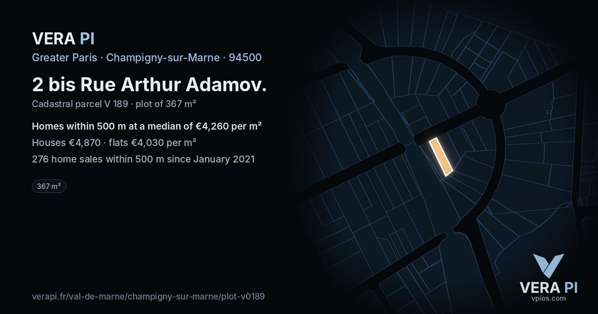 2 bis Rue Arthur Adamov, Champigny-sur-Marne at night – the plot lit, the parcels around coloured by the prices near them