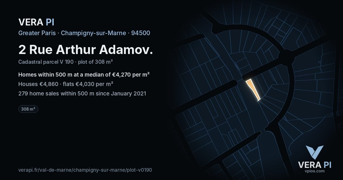 2 Rue Arthur Adamov, Champigny-sur-Marne at night – the plot lit, the parcels around coloured by the prices near them