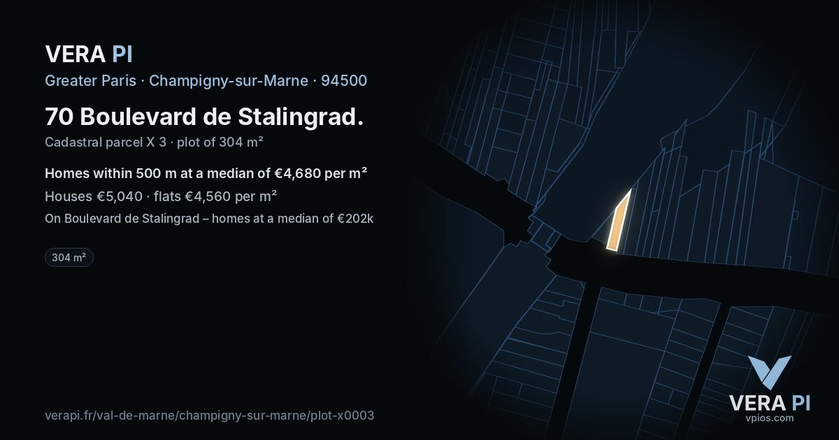 70 Boulevard de Stalingrad, Champigny-sur-Marne at night – the plot lit, the parcels around coloured by the prices near them
