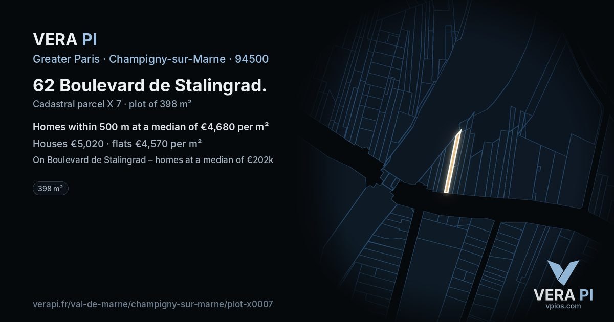 62 Boulevard de Stalingrad, Champigny-sur-Marne at night – the plot lit, the parcels around coloured by the prices near them
