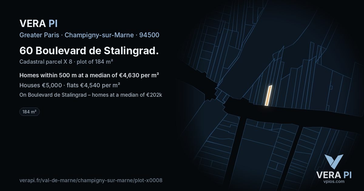 60 Boulevard de Stalingrad, Champigny-sur-Marne at night – the plot lit, the parcels around coloured by the prices near them