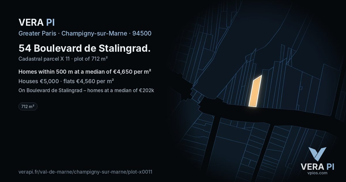 54 Boulevard de Stalingrad, Champigny-sur-Marne at night – the plot lit, the parcels around coloured by the prices near them