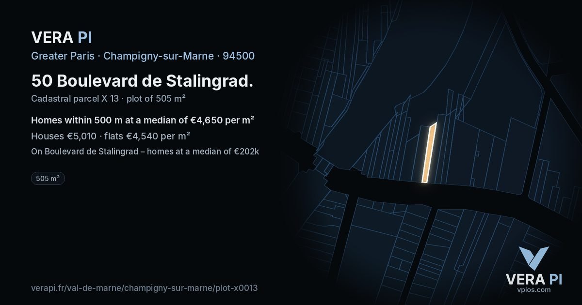 50 Boulevard de Stalingrad, Champigny-sur-Marne at night – the plot lit, the parcels around coloured by the prices near them