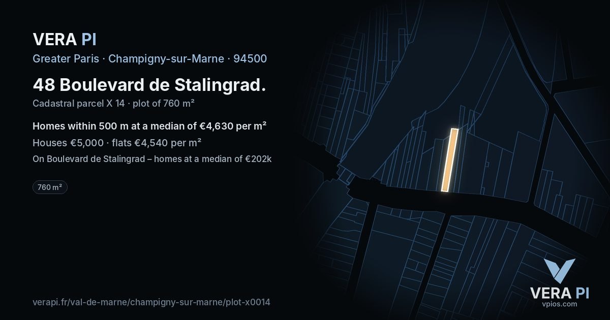 48 Boulevard de Stalingrad, Champigny-sur-Marne at night – the plot lit, the parcels around coloured by the prices near them