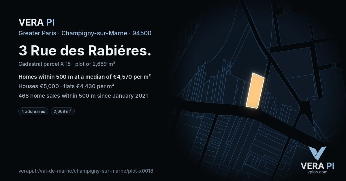 3 Rue des Rabiéres, Champigny-sur-Marne at night – the plot lit, the parcels around coloured by the prices near them