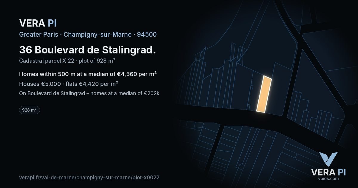 36 Boulevard de Stalingrad, Champigny-sur-Marne at night – the plot lit, the parcels around coloured by the prices near them