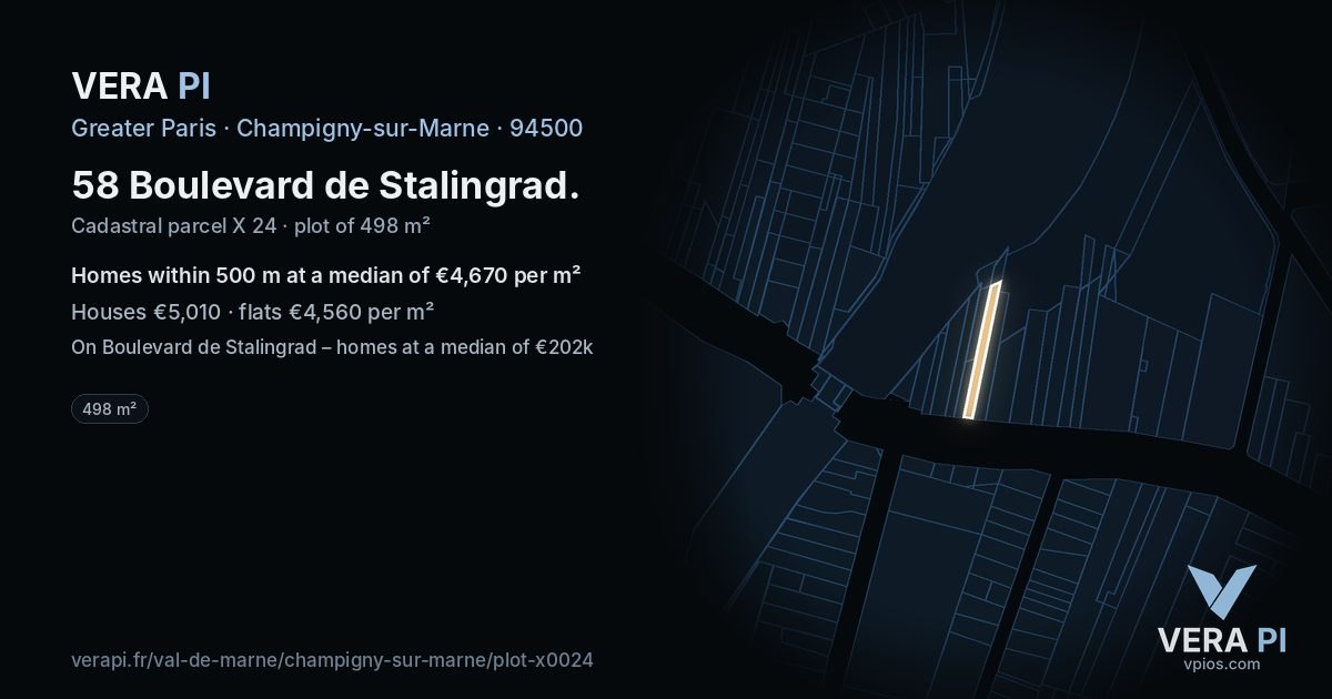 58 Boulevard de Stalingrad, Champigny-sur-Marne at night – the plot lit, the parcels around coloured by the prices near them