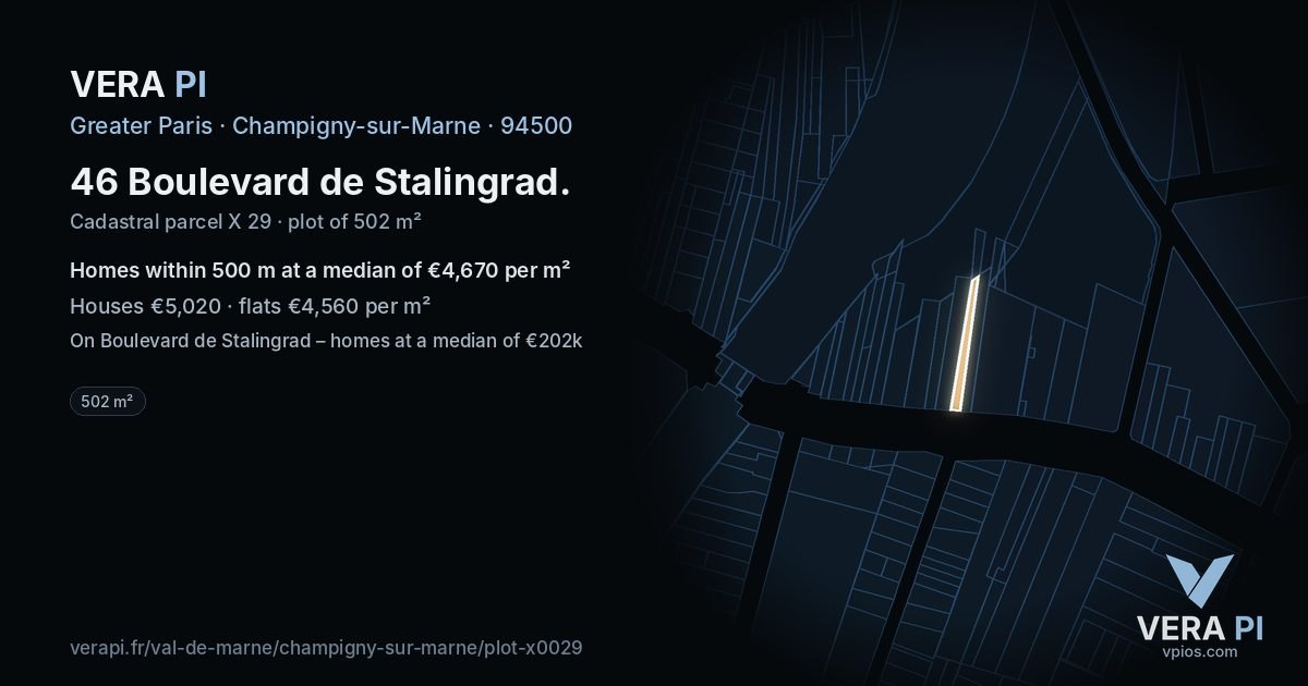 46 Boulevard de Stalingrad, Champigny-sur-Marne at night – the plot lit, the parcels around coloured by the prices near them
