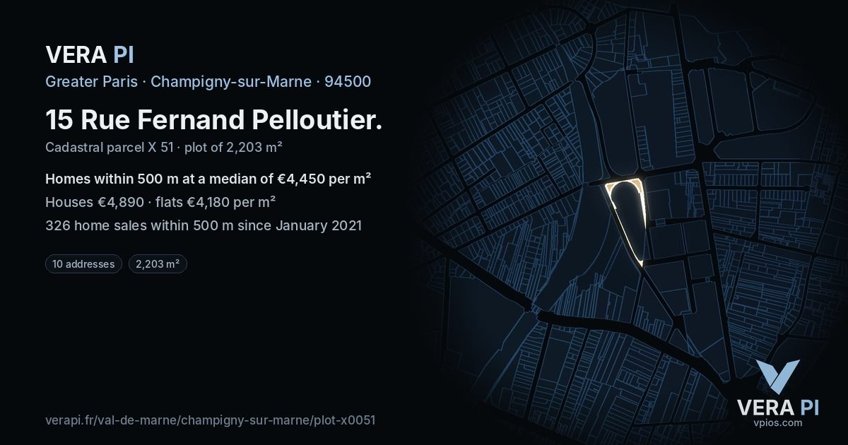 15 Rue Fernand Pelloutier, Champigny-sur-Marne at night – the plot lit, the parcels around coloured by the prices near them