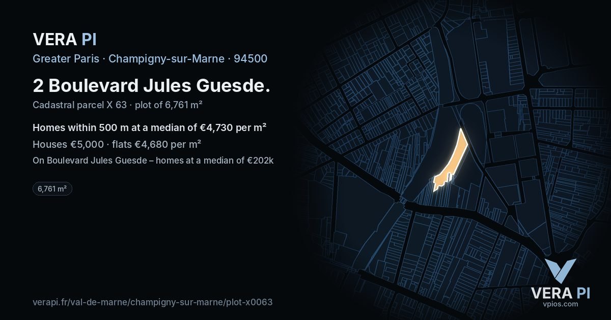 2 Boulevard Jules Guesde, Champigny-sur-Marne at night – the plot lit, the parcels around coloured by the prices near them