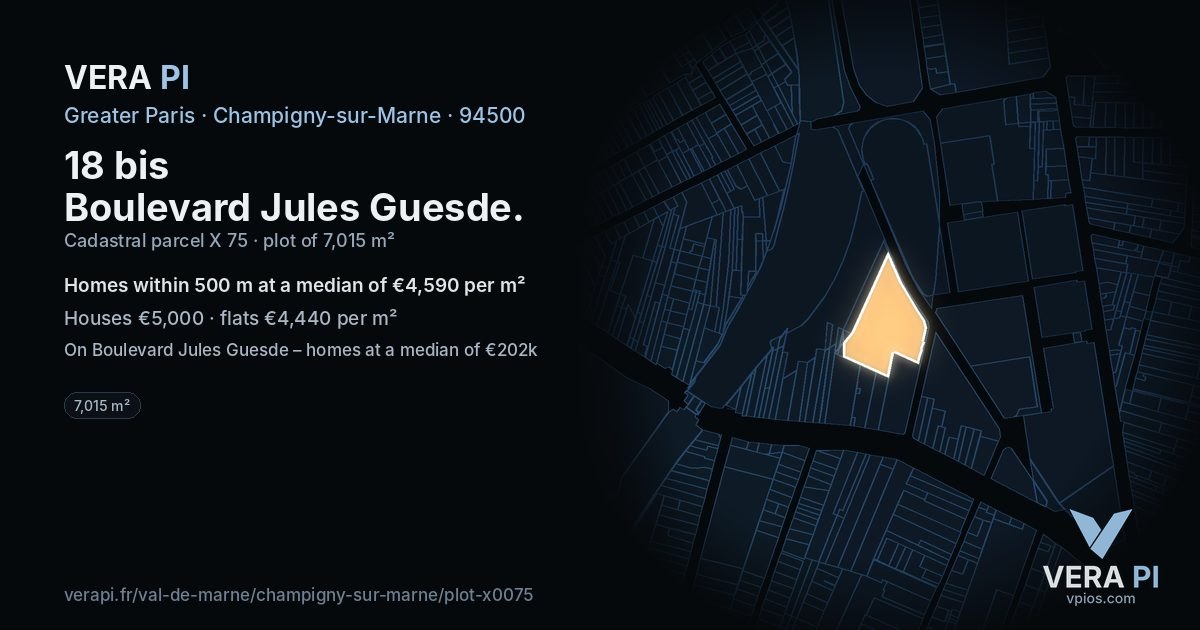 18 bis Boulevard Jules Guesde, Champigny-sur-Marne at night – the plot lit, the parcels around coloured by the prices near them