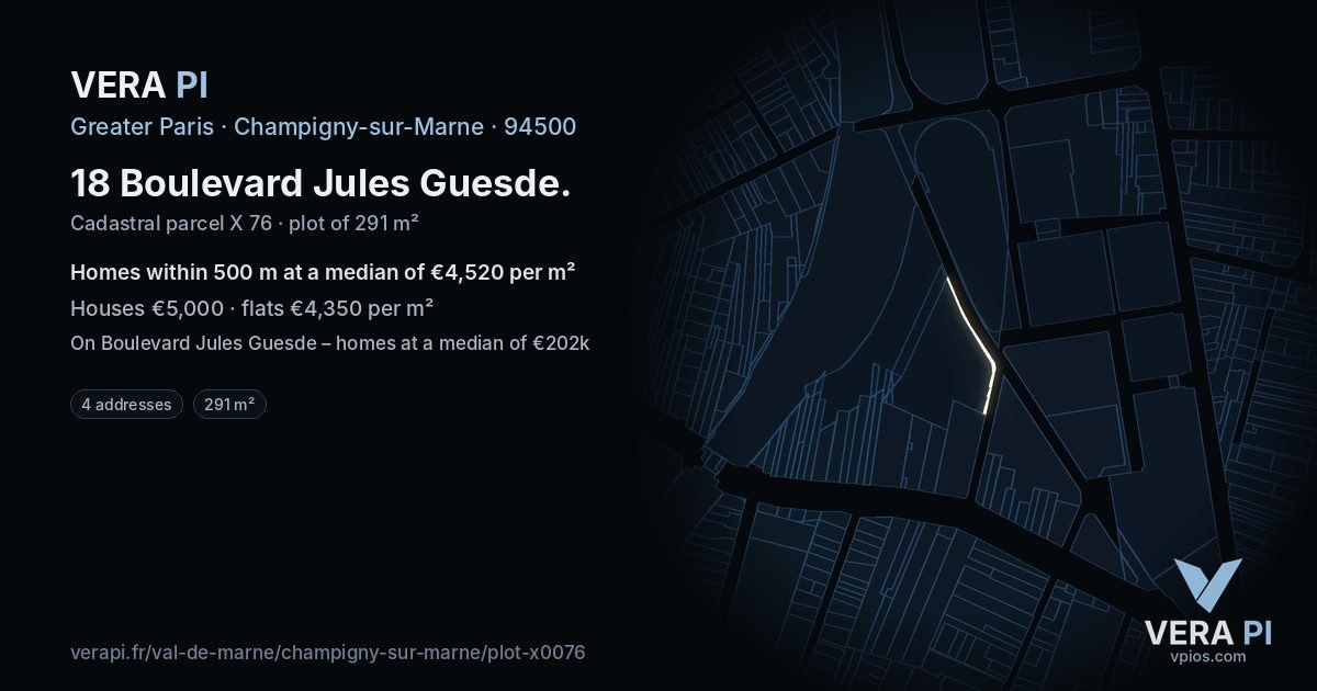18 Boulevard Jules Guesde, Champigny-sur-Marne at night – the plot lit, the parcels around coloured by the prices near them
