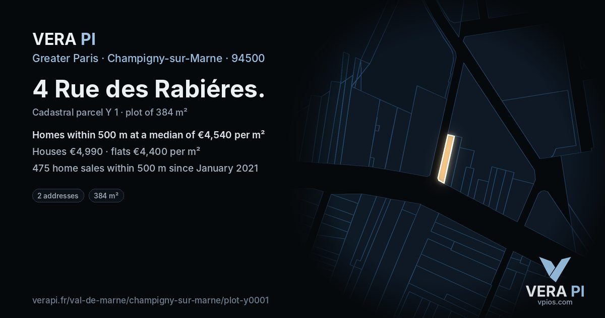 4 Rue des Rabiéres, Champigny-sur-Marne at night – the plot lit, the parcels around coloured by the prices near them