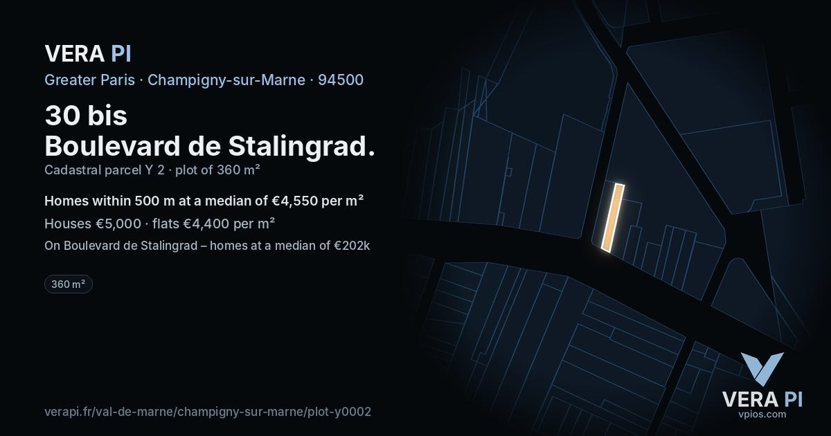 30 bis Boulevard de Stalingrad, Champigny-sur-Marne at night – the plot lit, the parcels around coloured by the prices near them