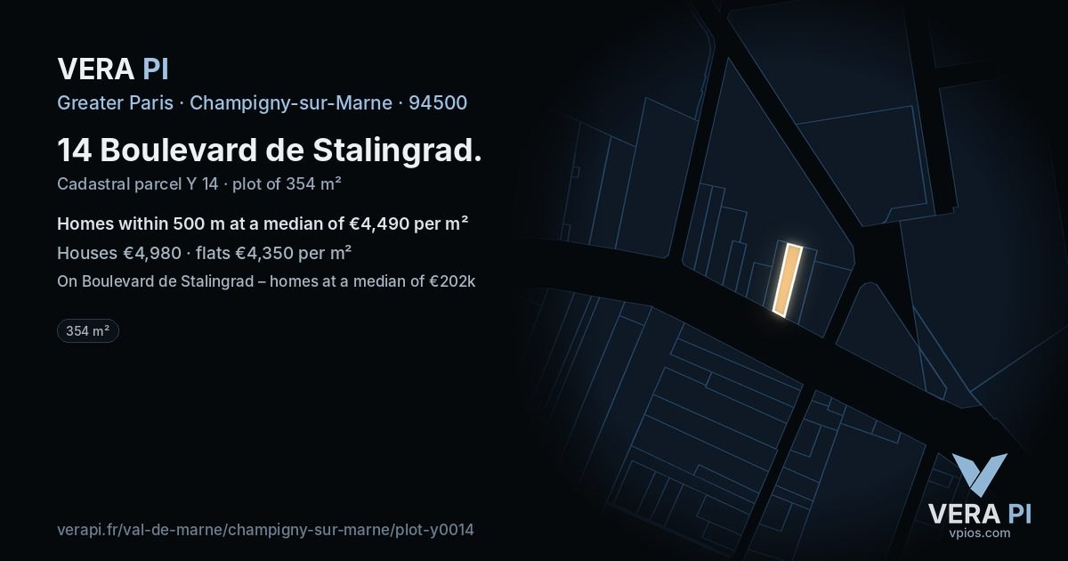 14 Boulevard de Stalingrad, Champigny-sur-Marne at night – the plot lit, the parcels around coloured by the prices near them