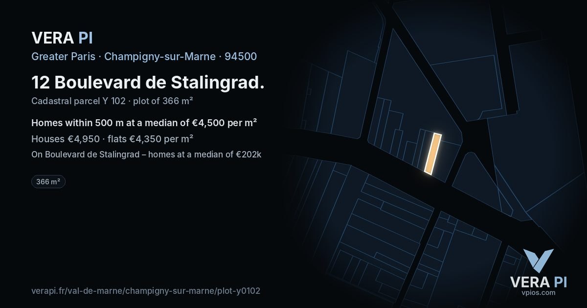 12 Boulevard de Stalingrad, Champigny-sur-Marne at night – the plot lit, the parcels around coloured by the prices near them