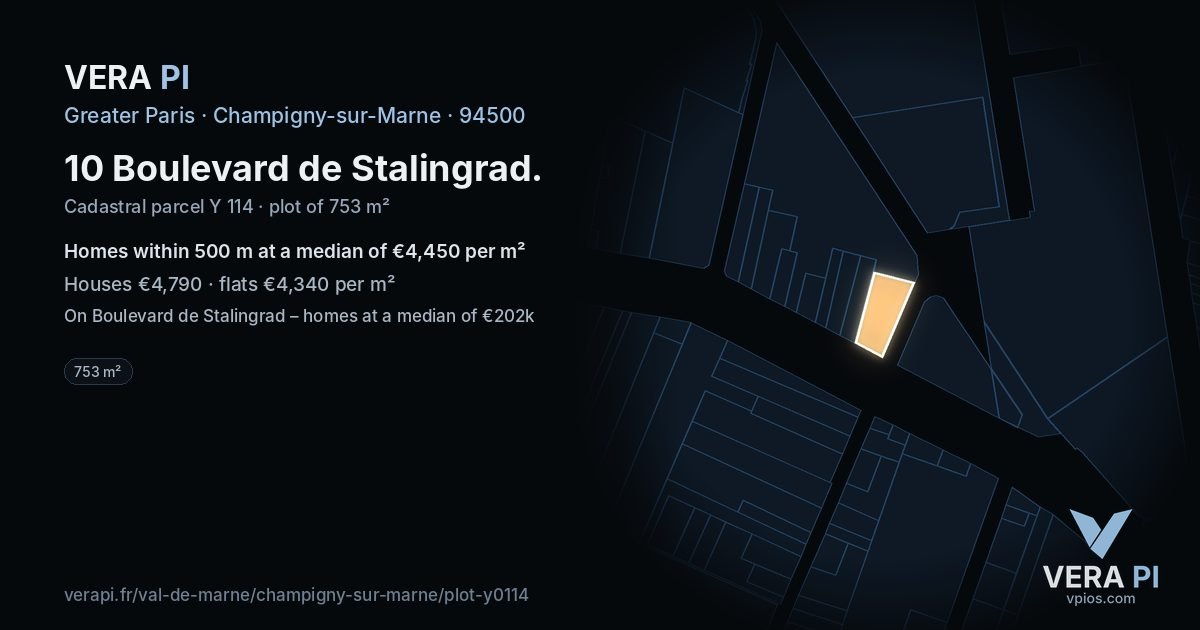 10 Boulevard de Stalingrad, Champigny-sur-Marne at night – the plot lit, the parcels around coloured by the prices near them