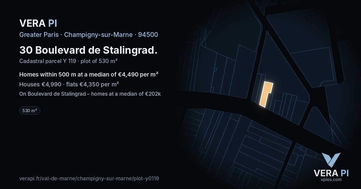 30 Boulevard de Stalingrad, Champigny-sur-Marne at night – the plot lit, the parcels around coloured by the prices near them