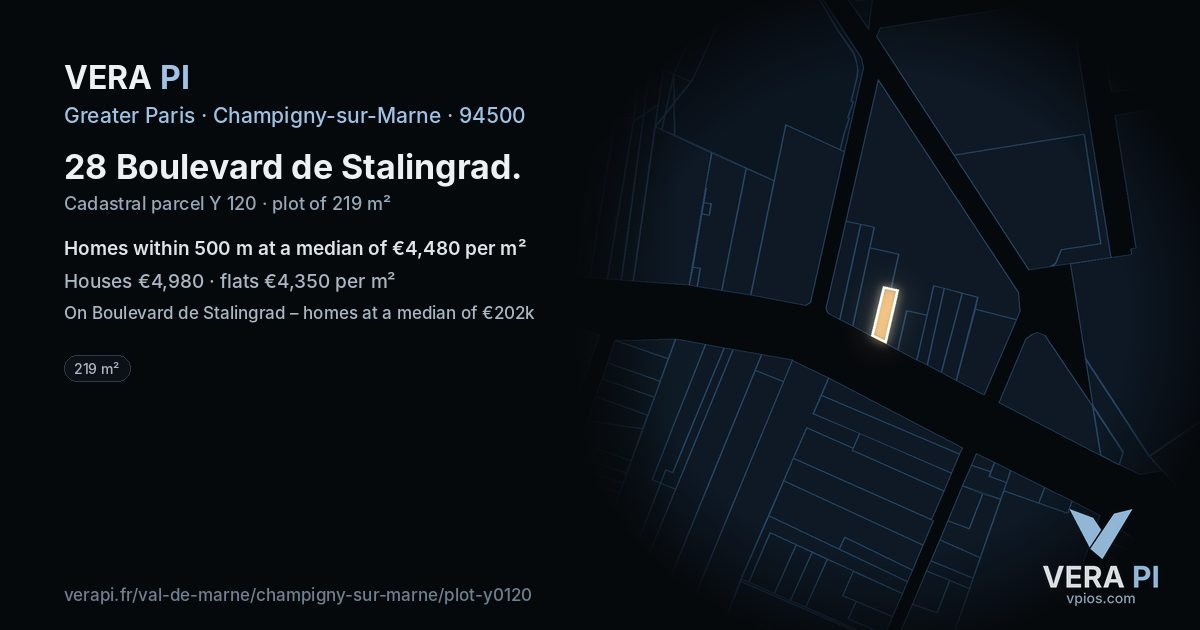 28 Boulevard de Stalingrad, Champigny-sur-Marne at night – the plot lit, the parcels around coloured by the prices near them