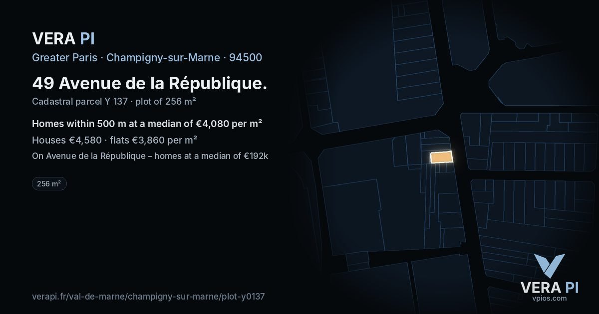 49 Avenue de la République, Champigny-sur-Marne at night – the plot lit, the parcels around coloured by the prices near them
