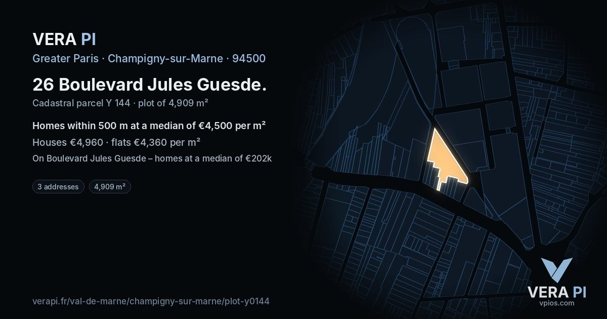 26 Boulevard Jules Guesde, Champigny-sur-Marne at night – the plot lit, the parcels around coloured by the prices near them