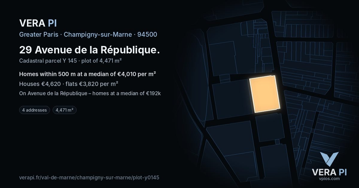 29 Avenue de la République, Champigny-sur-Marne at night – the plot lit, the parcels around coloured by the prices near them