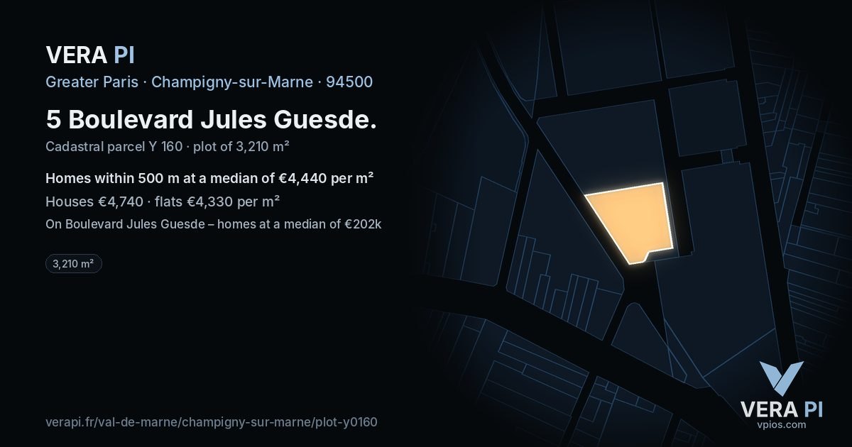 5 Boulevard Jules Guesde, Champigny-sur-Marne at night – the plot lit, the parcels around coloured by the prices near them