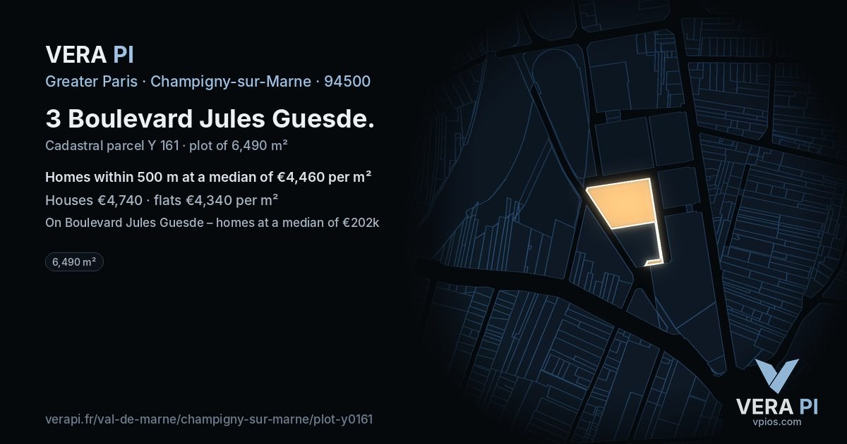 3 Boulevard Jules Guesde, Champigny-sur-Marne at night – the plot lit, the parcels around coloured by the prices near them