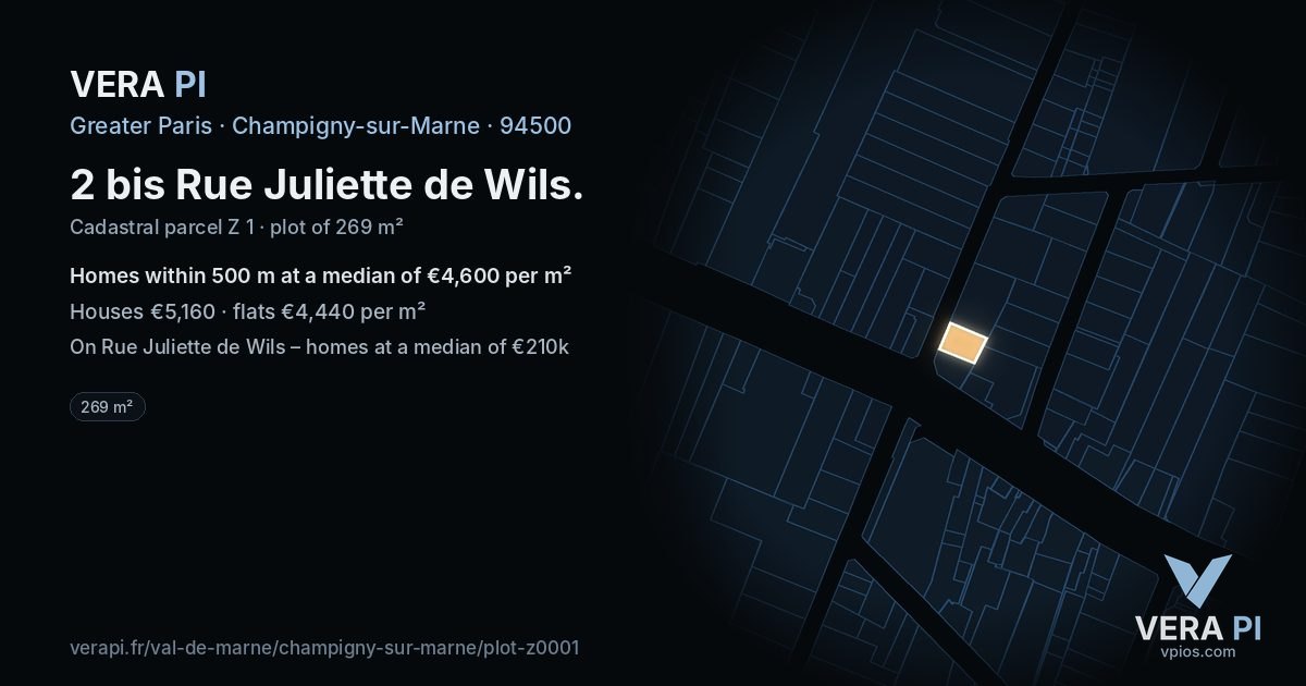 2 bis Rue Juliette de Wils, Champigny-sur-Marne at night – the plot lit, the parcels around coloured by the prices near them