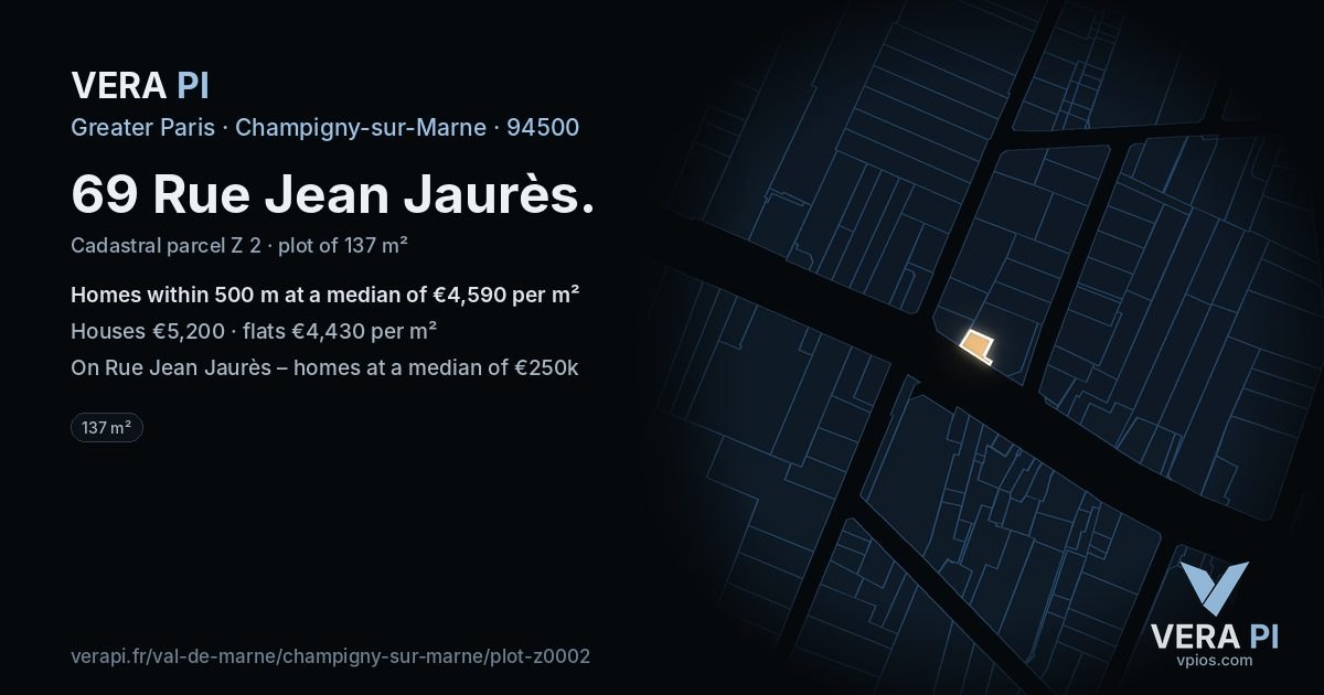 69 Rue Jean Jaurès, Champigny-sur-Marne at night – the plot lit, the parcels around coloured by the prices near them